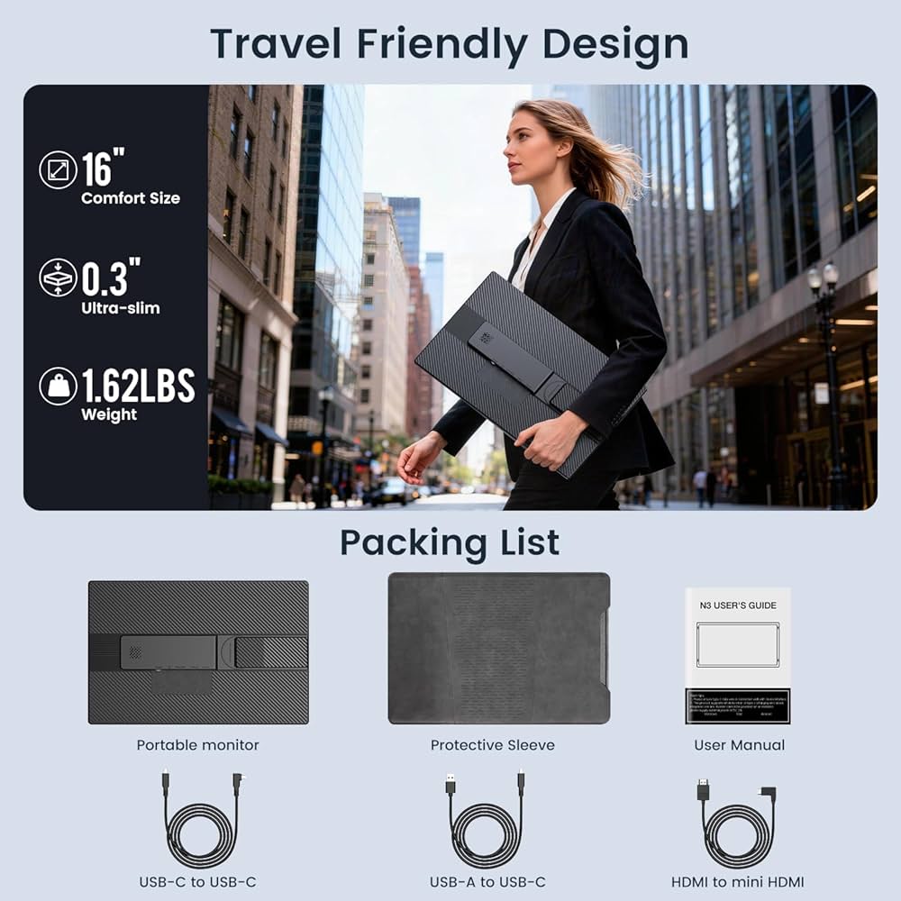 Portable Monitor, 16 Inch FHD 1200P, Horizontal/Vertical Monitor, Plug & Play, Built-in Speakers & Headphone Jack, Travel Monitor for Laptop with Premium Smart Cover