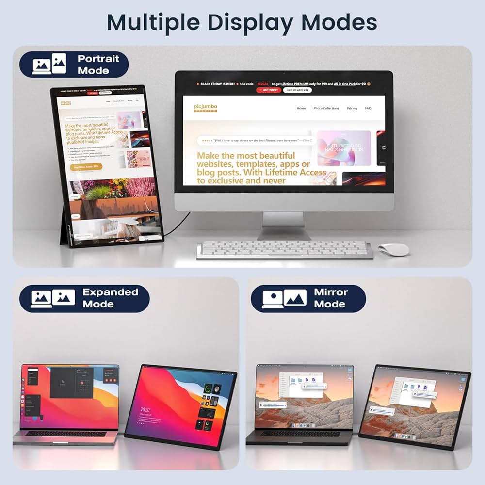 Portable Monitor, 16 Inch FHD 1200P, Horizontal/Vertical Monitor, Plug & Play, Built-in Speakers & Headphone Jack, Travel Monitor for Laptop with Premium Smart Cover