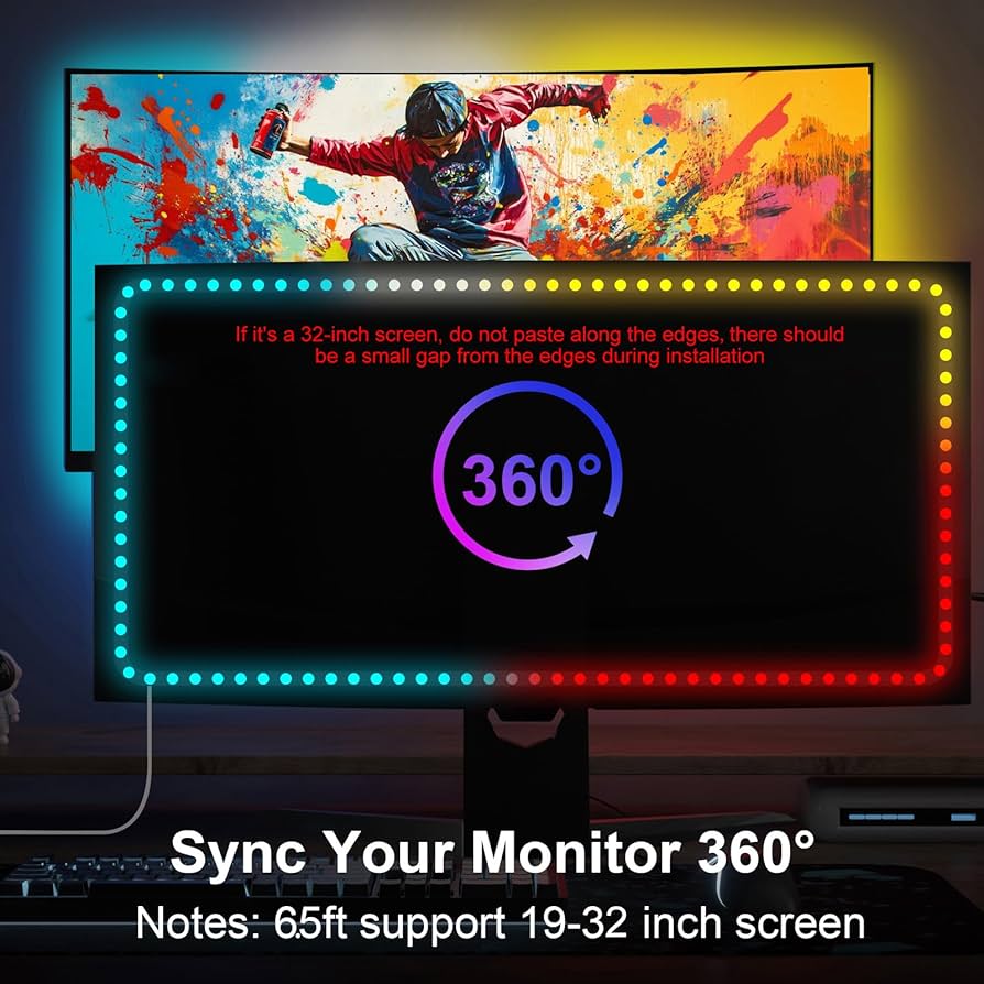 Monitor Backlight for Win PC – Gaming Light Strip with Upgraded Software (Required), 6.5ft LED Strip Sync to 19-32 Inch Screen, Enhanced Color Matching & Immersive Lighting for Games/Movies/Music
