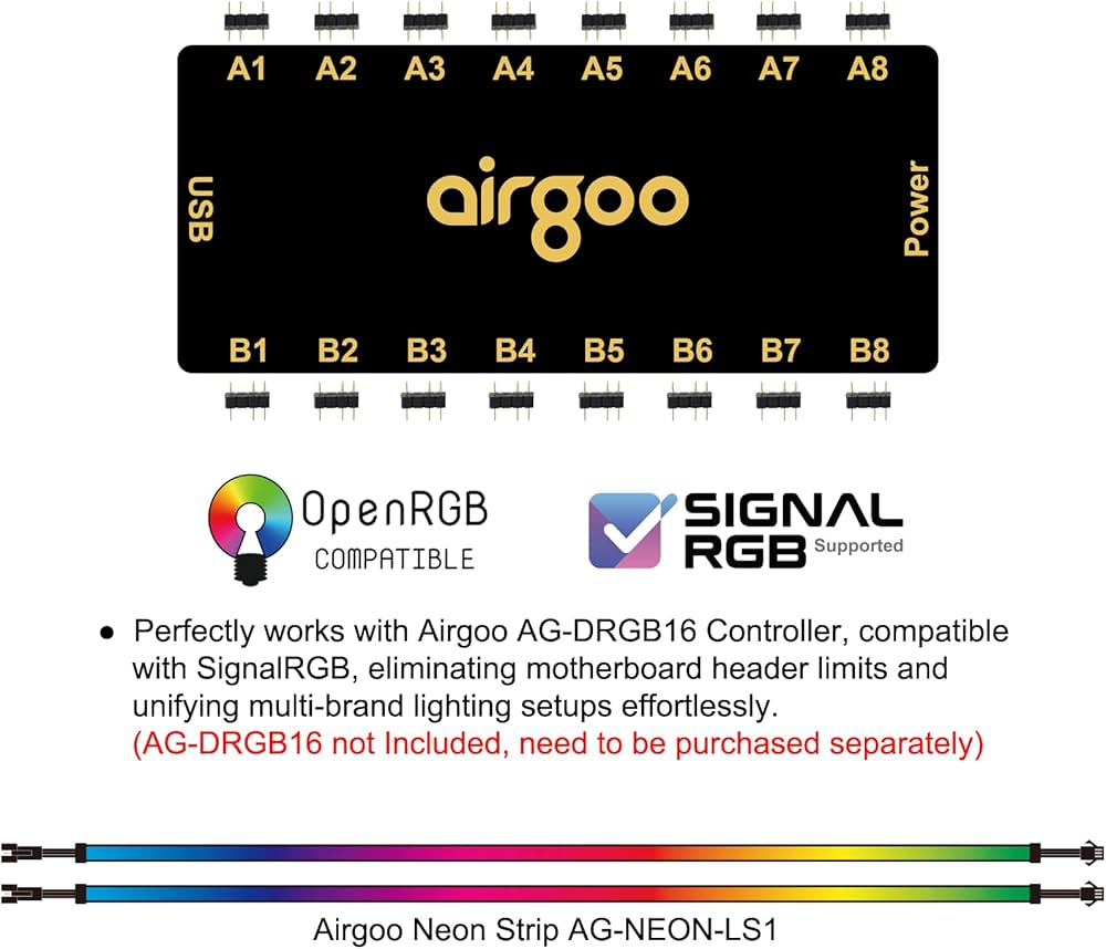 airgoo Addressable RGB PC LED Strip, AG-NEON-LS1 Diffused Silicon Rubber Tube Neon Strip, for 5V 3-pin argb Header or AG-DRGB16 SignalRGB Controller(Not Included), Come with Magnetic Brackets