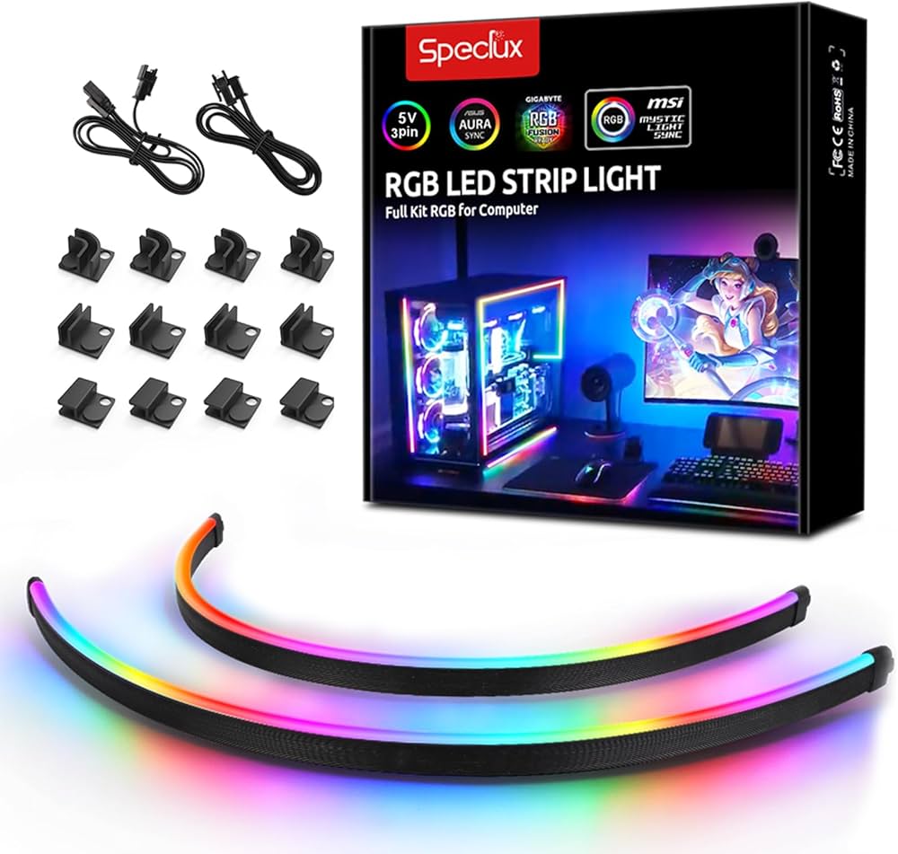 NEON Addressable RGB PC LED Strip, 2×15.7inch WS2812 RGB Rainbow Magnetic ARGB Strip for 5V 3-pin Aura SYNC, Gigabyte RGB Fusion, MSI Mystic Light Sync, with 12pcs Strong Magnetic Brackets