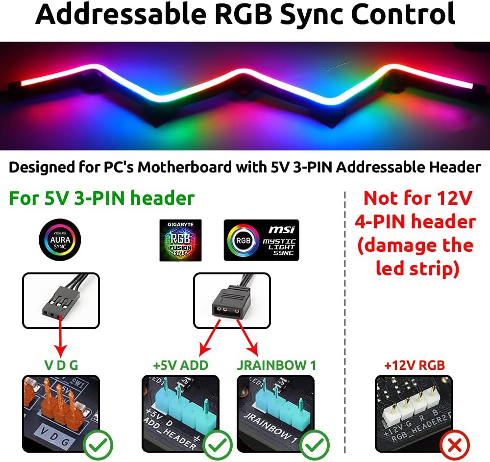 NEON Addressable RGB PC LED Strip, 2×15.7inch WS2812 RGB Rainbow Magnetic ARGB Strip for 5V 3-pin Aura SYNC, Gigabyte RGB Fusion, MSI Mystic Light Sync, with 12pcs Strong Magnetic Brackets
