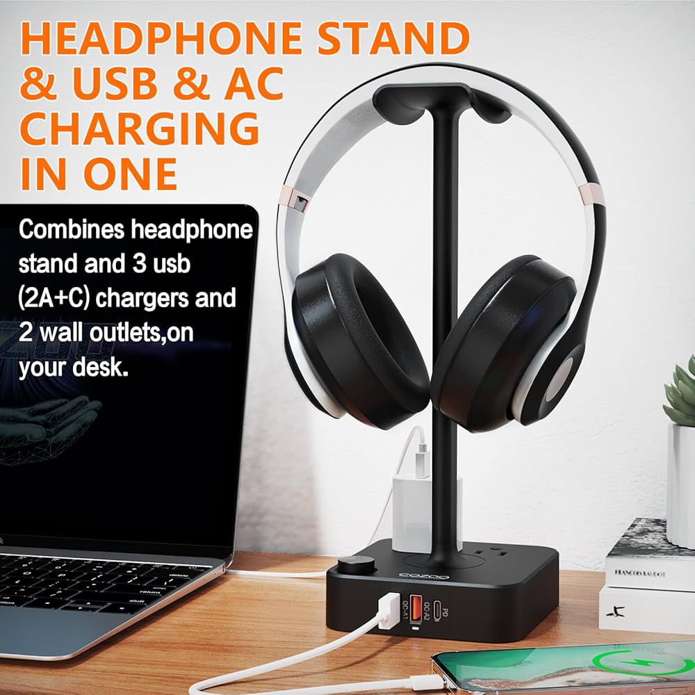 COZOO Headphone Stand with USB Charger Desktop Gaming Headset Holder Hanger with 3 USB Charging Station and 2 Outlets Power Strip,Suitable for Gaming, DJ,Wireless Earphone Display, Gamer Gifts for Men