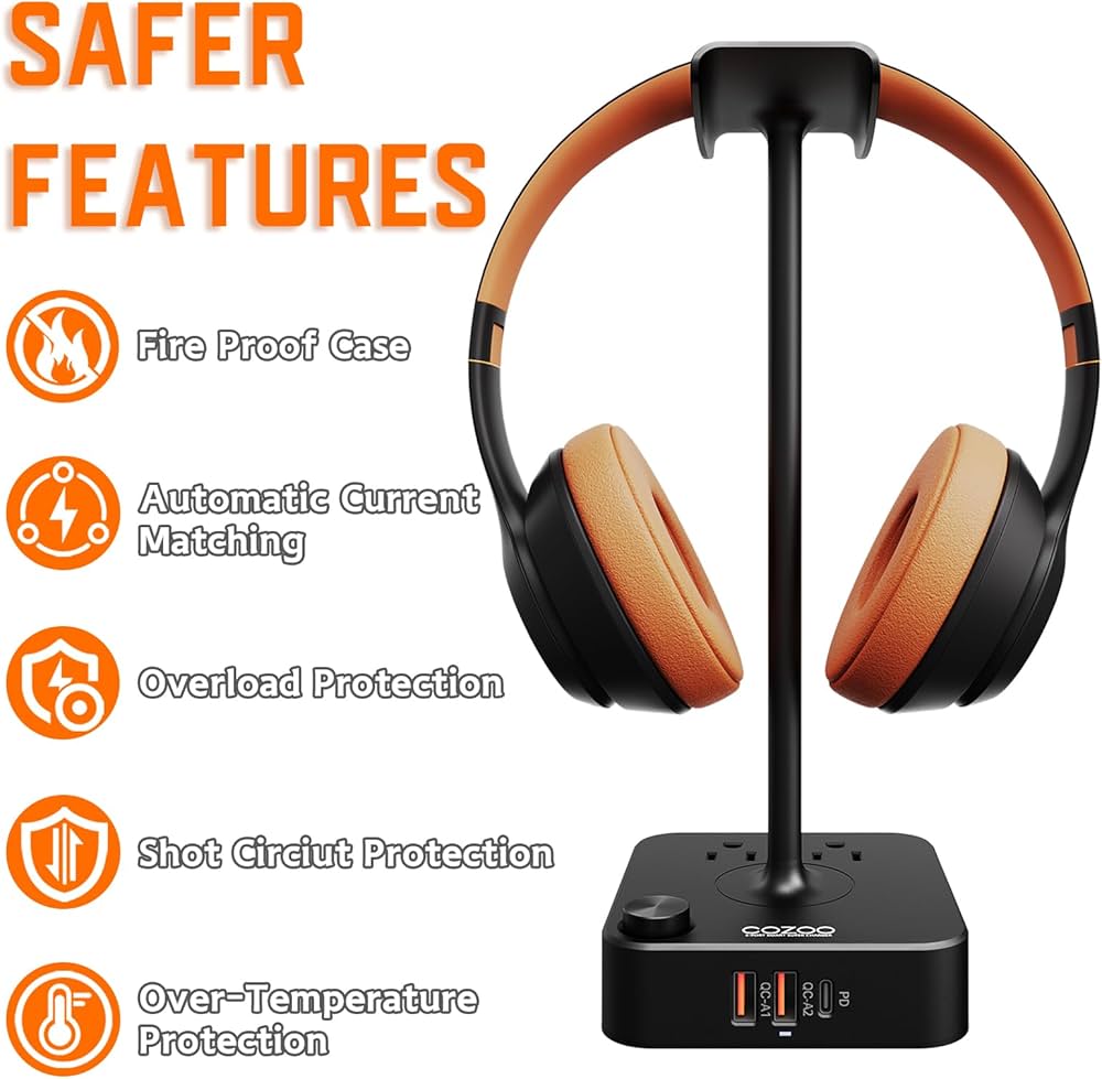 COZOO Headphone Stand with USB Charger Desktop Gaming Headset Holder Hanger with 3 USB Charging Station and 2 Outlets Power Strip,Suitable for Gaming, DJ,Wireless Earphone Display, Gamer Gifts for Men