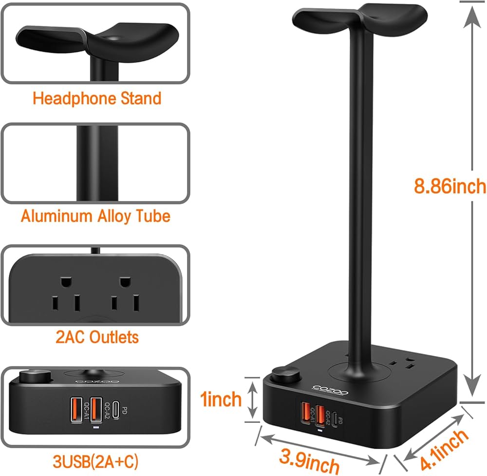 COZOO Headphone Stand with USB Charger Desktop Gaming Headset Holder Hanger with 3 USB Charging Station and 2 Outlets Power Strip,Suitable for Gaming, DJ,Wireless Earphone Display, Gamer Gifts for Men