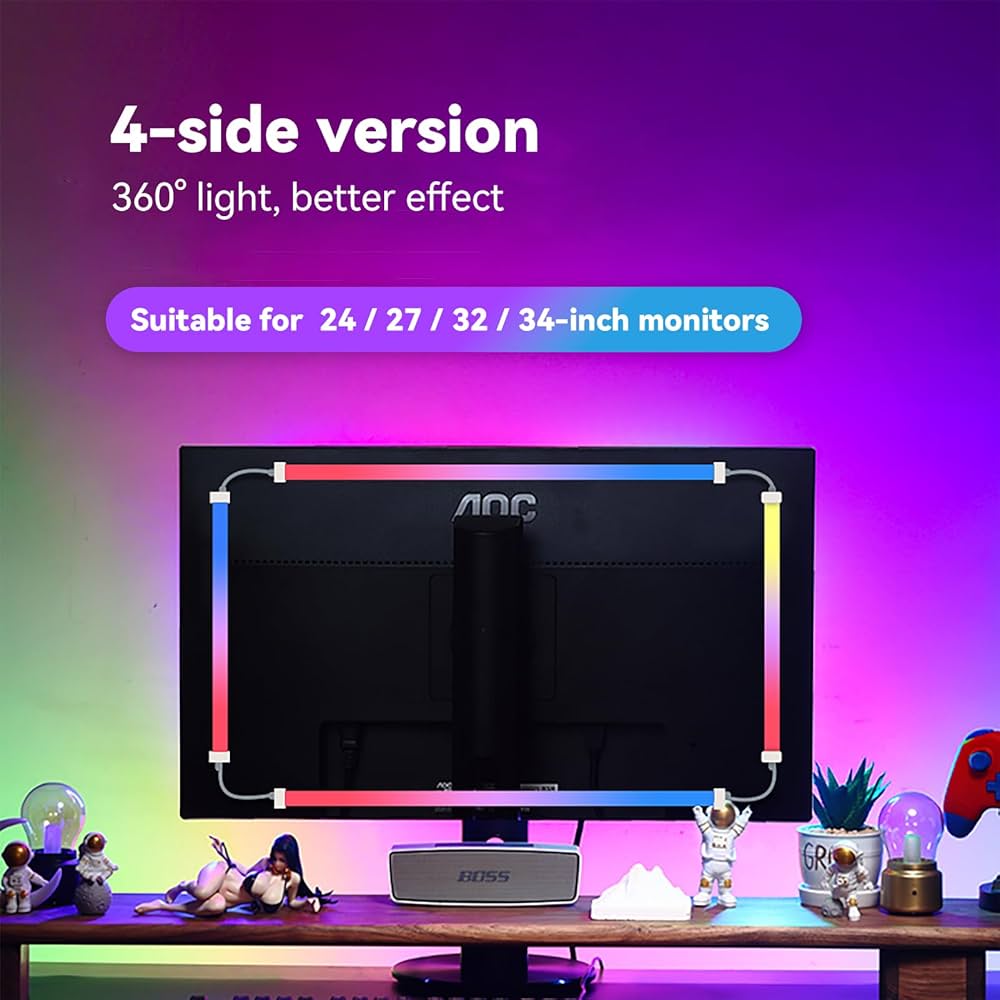 Monitor LED Backlights for PC & Mac, LED Strip Light Sync with Screen Color/Music, Computer Light Bar Behind Screen, LEDs for Desk Gaming, USB Port, Software Control, G100 (4-Side 27inch)