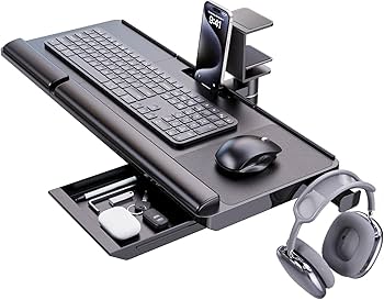 Klearlook Keyboard Tray Under Desk with 360° Rotation, Ergonomic Computer Keyboard & Mouse Tray 25″W×11.02″D Sit Stand Desk Keyboard Holder w/Wrist Rest & Storage Drawer (Height is not Adjustable)