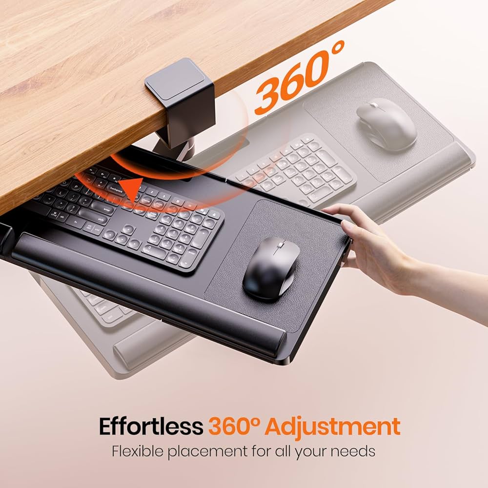 Klearlook Keyboard Tray Under Desk with 360° Rotation, Ergonomic Computer Keyboard & Mouse Tray 25″W×11.02″D Sit Stand Desk Keyboard Holder w/Wrist Rest & Storage Drawer (Height is not Adjustable)