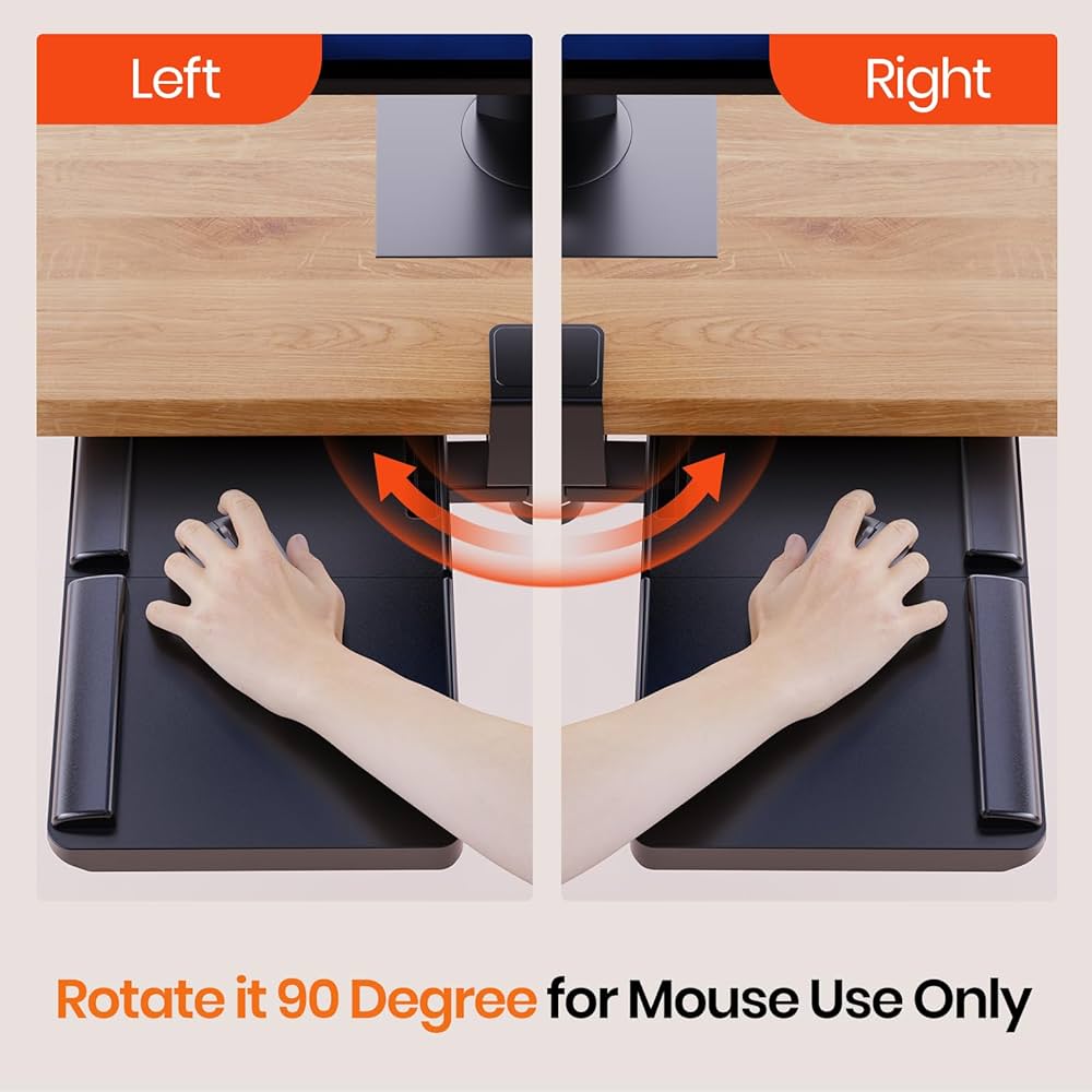 Klearlook Keyboard Tray Under Desk with 360° Rotation, Ergonomic Computer Keyboard & Mouse Tray 25″W×11.02″D Sit Stand Desk Keyboard Holder w/Wrist Rest & Storage Drawer (Height is not Adjustable)