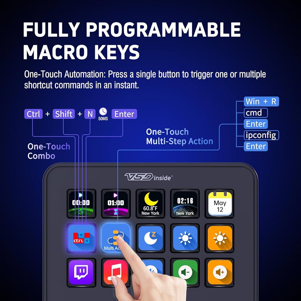 VSDINSIDE Macro Keypad, Stream Controller Deck Gaming Streaming Shortcut Keyboard, 18 Programmable Keys Customizable Visual AI Pad USB Soundboard for OBS, YouTube, Desk Office Setup, Laptop, PC, Mac