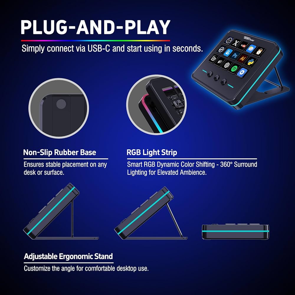 VSDINSIDE Macro Keypad, Stream Controller Deck Gaming Streaming Shortcut Keyboard, 18 Programmable Keys Customizable Visual AI Pad USB Soundboard for OBS, YouTube, Desk Office Setup, Laptop, PC, Mac