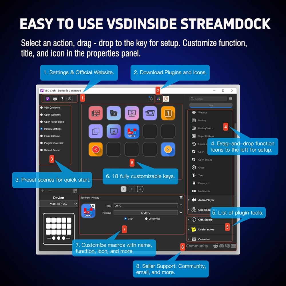 VSDINSIDE Macro Keypad, Stream Controller Deck Gaming Streaming Shortcut Keyboard, 18 Programmable Keys Customizable Visual AI Pad USB Soundboard for OBS, YouTube, Desk Office Setup, Laptop, PC, Mac