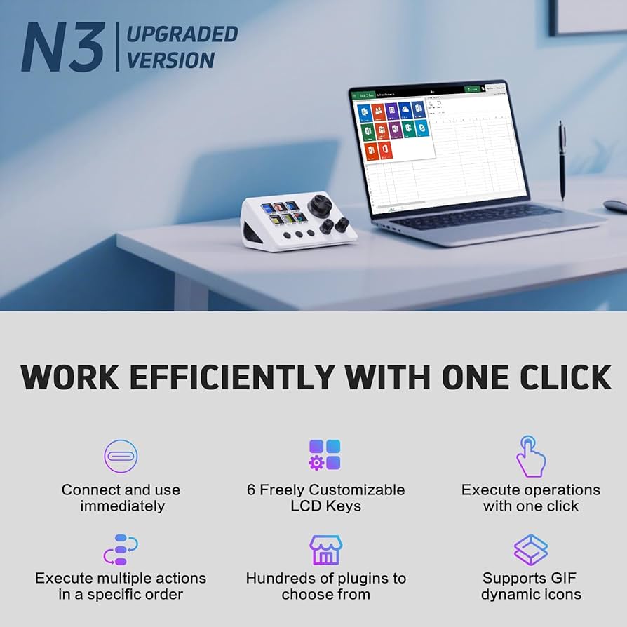 Basicolor Streaming Macro Keypad, Stream Controller Deck Gaming Shortcut Keyboard, with Customizable 6 LCD Shortcut Keys, 3 Buttons and 3 Knobs, Trigger Actions in OBS/Twitch/YouTube, Windows 10/Mac14.0(N3 White)