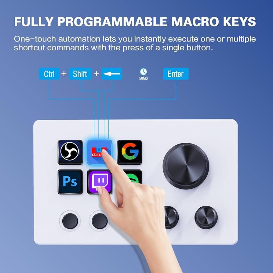 Basicolor Streaming Macro Keypad, Stream Controller Deck Gaming Shortcut Keyboard, with Customizable 6 LCD Shortcut Keys, 3 Buttons and 3 Knobs, Trigger Actions in OBS/Twitch/YouTube, Windows 10/Mac14.0(N3 White)