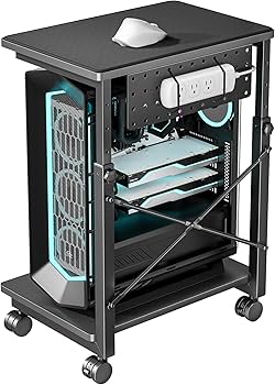 ARES WING Height Adjustable Computer Tower Stand, 2-Tier PC Tower Stand for Most PC, CPU Holder Cart with Locking Wheels for Gaming Home Office, 21.7″-33.5″ Height