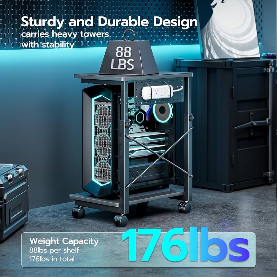 ARES WING Height Adjustable Computer Tower Stand, 2-Tier PC Tower Stand for Most PC, CPU Holder Cart with Locking Wheels for Gaming Home Office, 21.7″-33.5″ Height