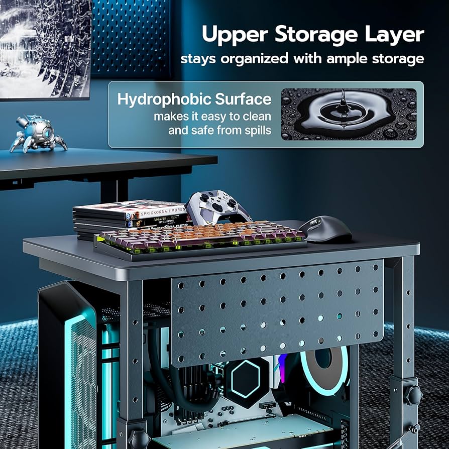 ARES WING Height Adjustable Computer Tower Stand, 2-Tier PC Tower Stand for Most PC, CPU Holder Cart with Locking Wheels for Gaming Home Office, 21.7″-33.5″ Height