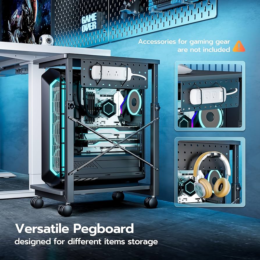 ARES WING Height Adjustable Computer Tower Stand, 2-Tier PC Tower Stand for Most PC, CPU Holder Cart with Locking Wheels for Gaming Home Office, 21.7″-33.5″ Height