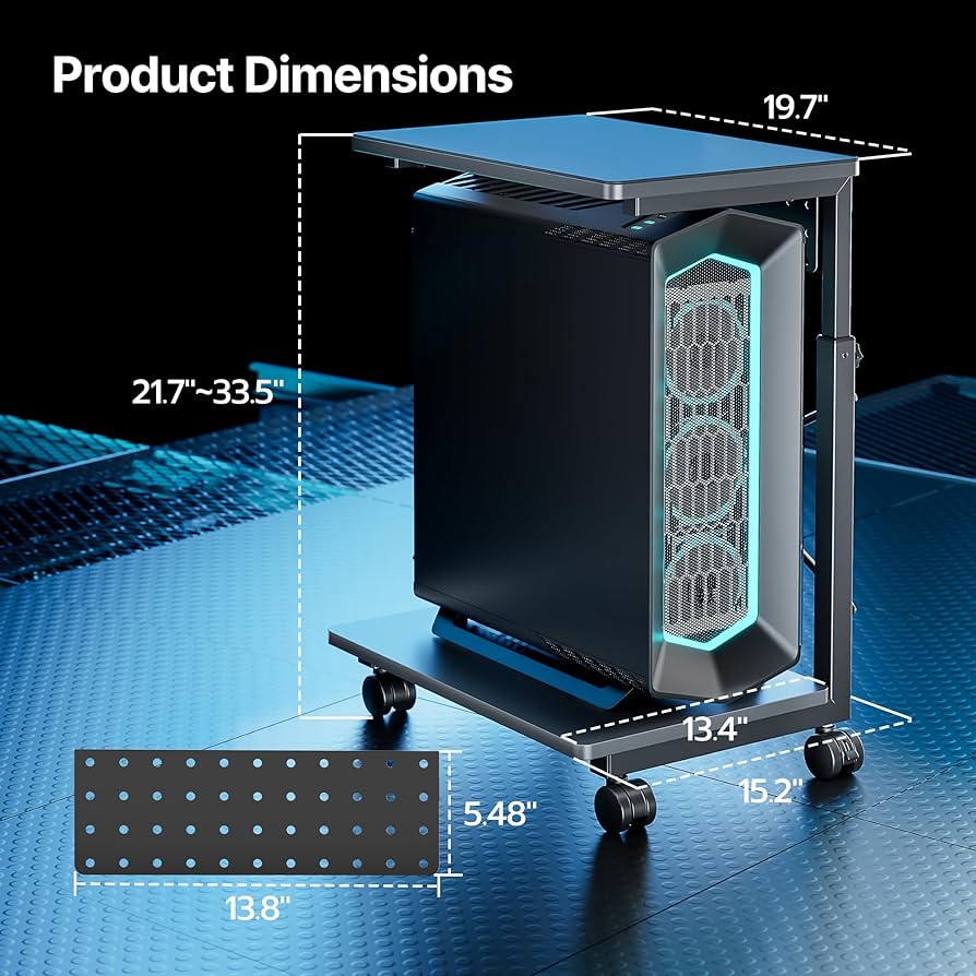ARES WING Height Adjustable Computer Tower Stand, 2-Tier PC Tower Stand for Most PC, CPU Holder Cart with Locking Wheels for Gaming Home Office, 21.7″-33.5″ Height