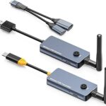 650Ft/200M Wireless USB-C to HDMI KVM Transmitter and Receiver Kit 1080P@60Hz Wireless KVM Long-Range USB Extender Support Screen Streaming & Keyboard/Mouse Signal Extension, PD100W Fast Charging