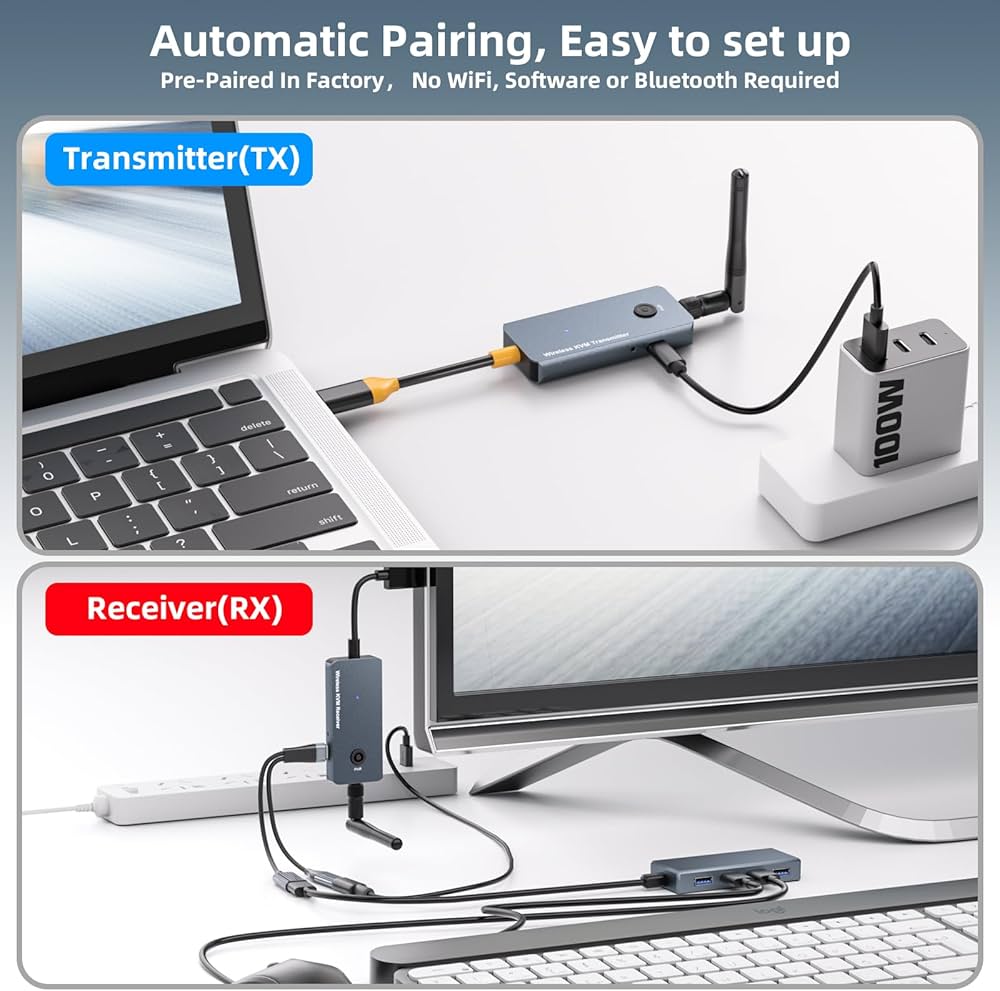 650Ft/200M Wireless USB-C to HDMI KVM Transmitter and Receiver Kit 1080P@60Hz Wireless KVM Long-Range USB Extender Support Screen Streaming & Keyboard/Mouse Signal Extension, PD100W Fast Charging