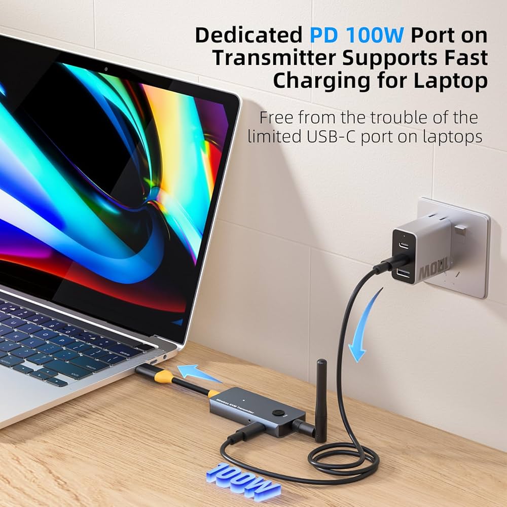 650Ft/200M Wireless USB-C to HDMI KVM Transmitter and Receiver Kit 1080P@60Hz Wireless KVM Long-Range USB Extender Support Screen Streaming & Keyboard/Mouse Signal Extension, PD100W Fast Charging