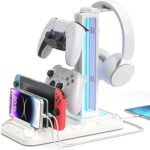 KDD Headset Stand with Charging Station – Detachable Controller Holder with 9 Light Modes – Rotatable Headphone Hanger with USB A&C Charger Ports – Earphone Hook for PC Gaming Accessories Storage