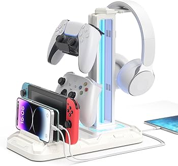 KDD Headset Stand with Charging Station – Detachable Controller Holder with 9 Light Modes – Rotatable Headphone Hanger with USB A&C Charger Ports – Earphone Hook for PC Gaming Accessories Storage