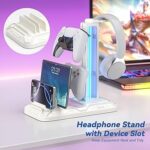 KDD Headset Stand with Charging Station – Detachable Controller Holder with 9 Light Modes – Rotatable Headphone Hanger with USB A&C Charger Ports – Earphone Hook for PC Gaming Accessories Storage