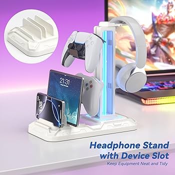 KDD Headset Stand with Charging Station – Detachable Controller Holder with 9 Light Modes – Rotatable Headphone Hanger with USB A&C Charger Ports – Earphone Hook for PC Gaming Accessories Storage