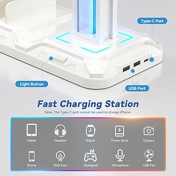 KDD Headset Stand with Charging Station – Detachable Controller Holder with 9 Light Modes – Rotatable Headphone Hanger with USB A&C Charger Ports – Earphone Hook for PC Gaming Accessories Storage