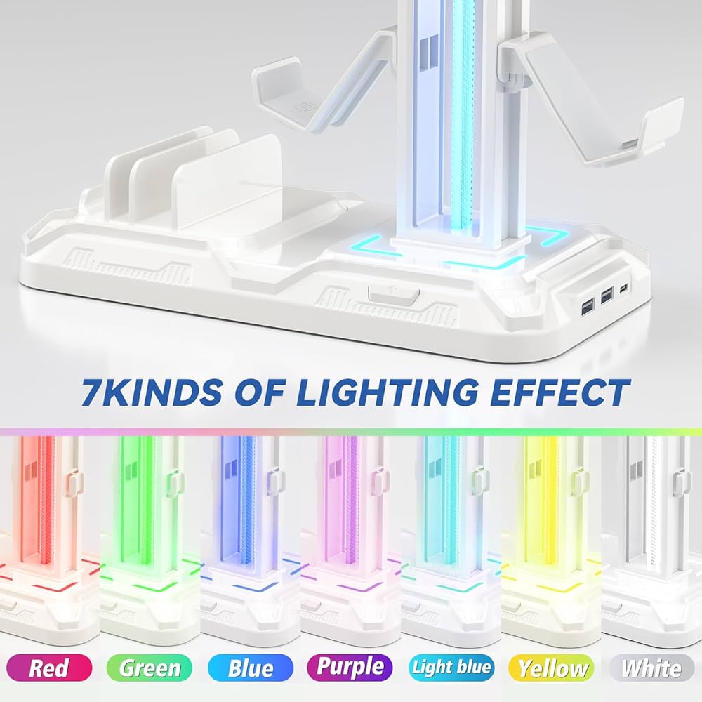 KDD Headset Stand with Charging Station – Detachable Controller Holder with 9 Light Modes – Rotatable Headphone Hanger with USB A&C Charger Ports – Earphone Hook for PC Gaming Accessories Storage