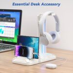 KDD Headset Stand with Charging Station – Detachable Controller Holder with 9 Light Modes – Rotatable Headphone Hanger with USB A&C Charger Ports – Earphone Hook for PC Gaming Accessories Storage