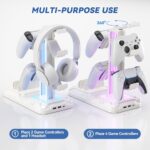KDD Headset Stand with Charging Station – Detachable Controller Holder with 9 Light Modes – Rotatable Headphone Hanger with USB A&C Charger Ports – Earphone Hook for PC Gaming Accessories Storage
