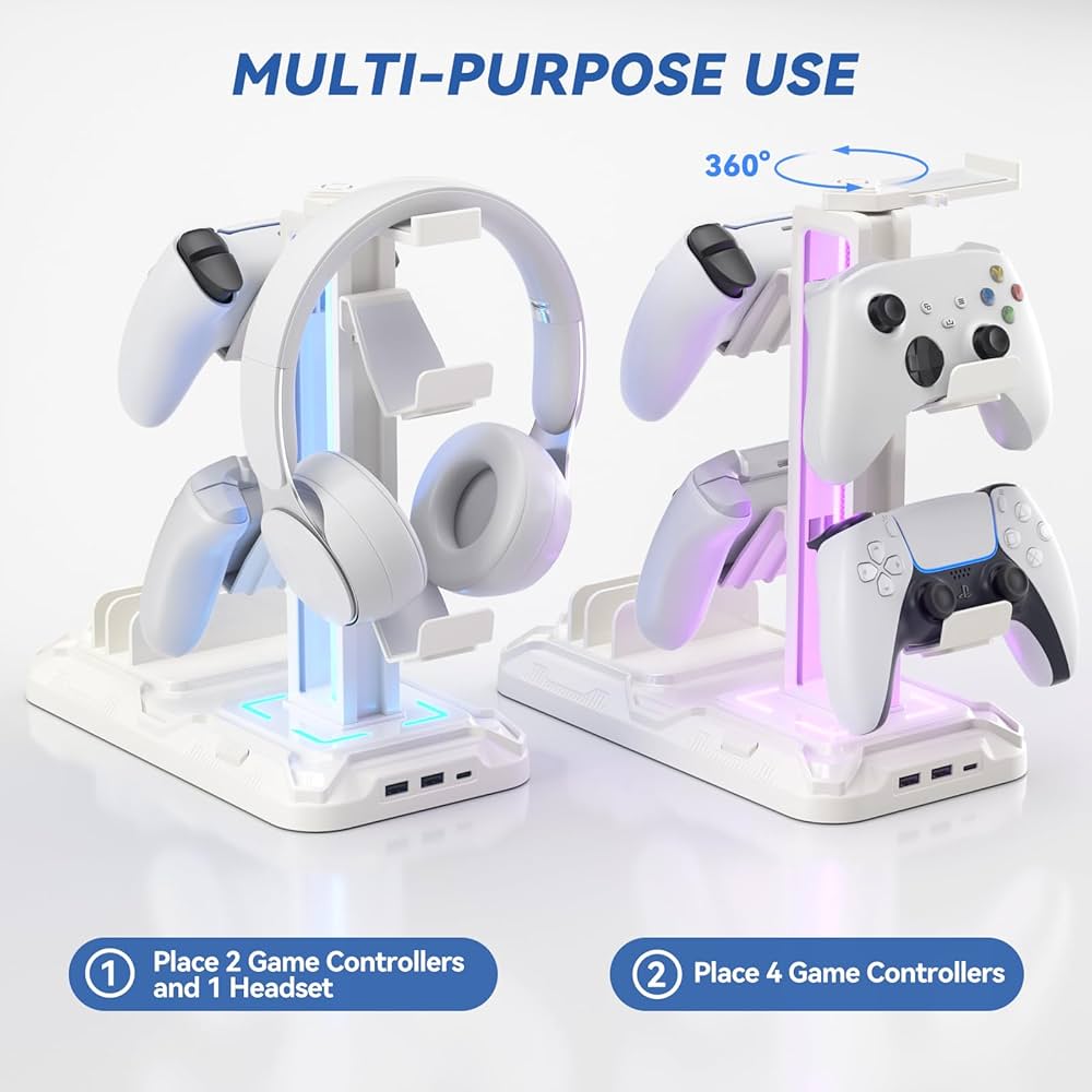 KDD Headset Stand with Charging Station – Detachable Controller Holder with 9 Light Modes – Rotatable Headphone Hanger with USB A&C Charger Ports – Earphone Hook for PC Gaming Accessories Storage