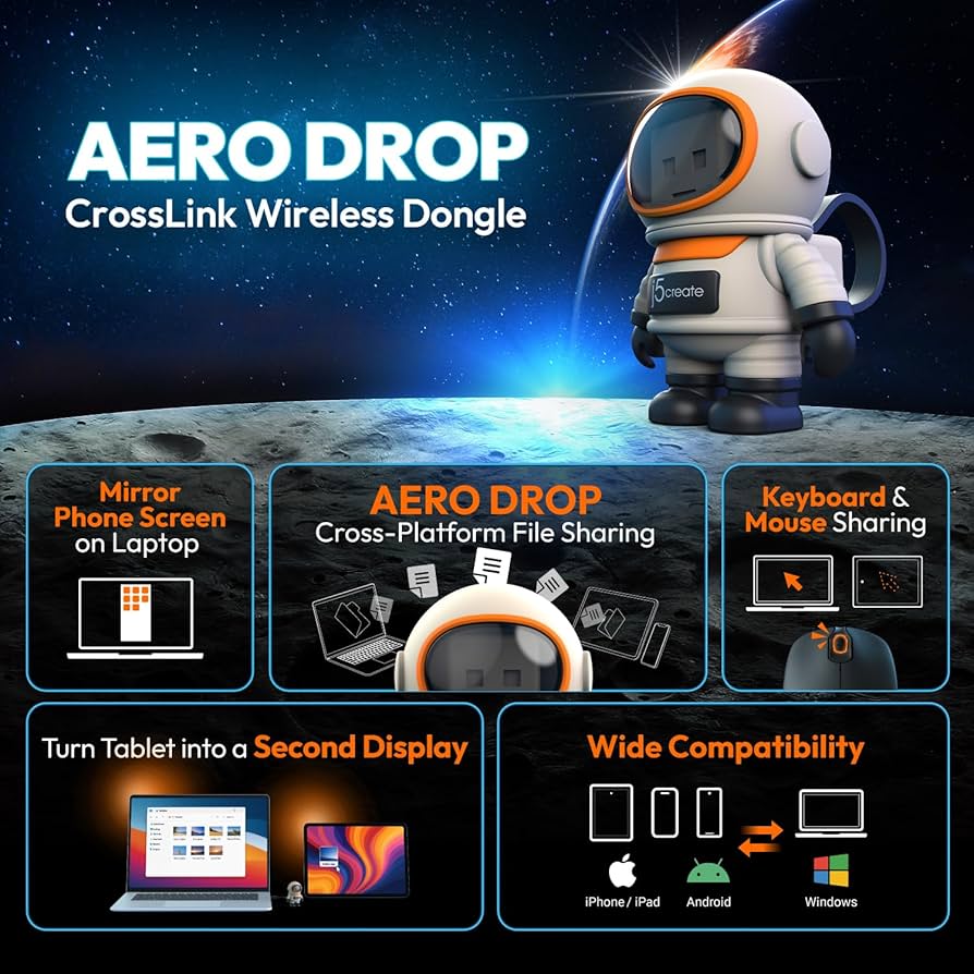 j5create AeroDrop CrossLink Wireless Dongle – Instant Share Files, Photos, Keyboard, Mouse, and Screen Between iPhone/iPad/Android and Windows Computer (JUAW22)