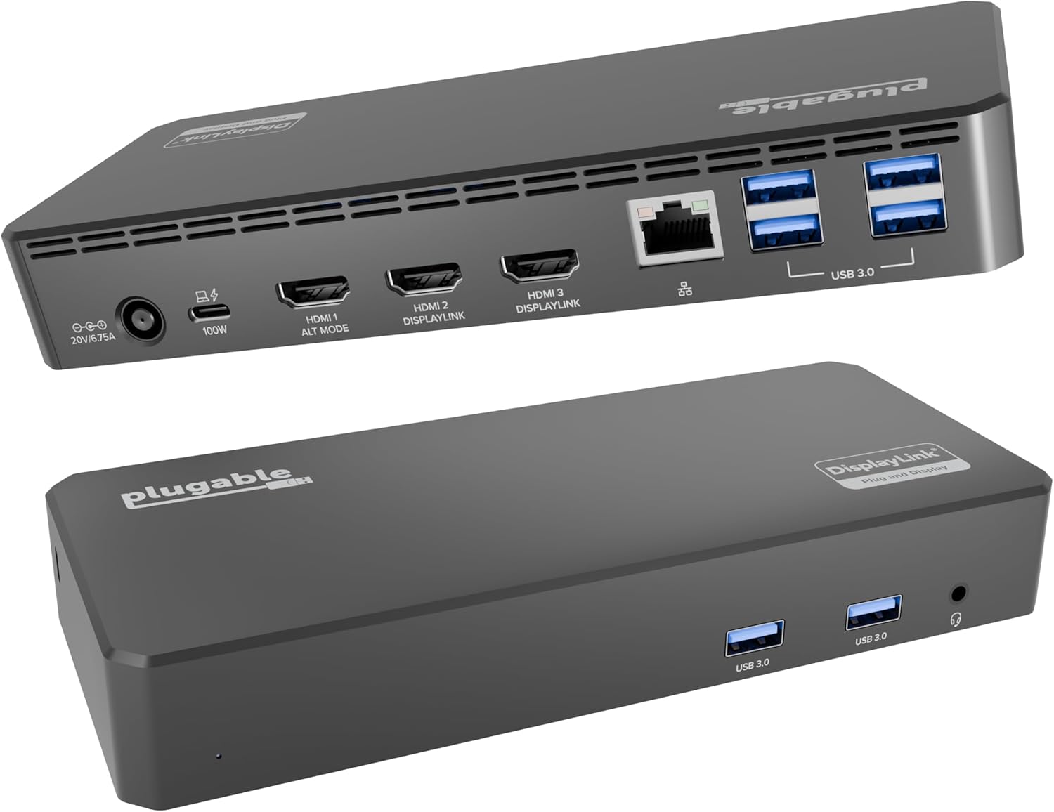 Plugable USB C Triple Display Docking Station | 100W PD, 3x HDMI (1x 4K 30Hz, 2x 1080p 60Hz), 6x USB 5Gbps Ports | Windows, macOS, ChromeOS Compatible – Enhance Productivity with Multi-Monitor Support