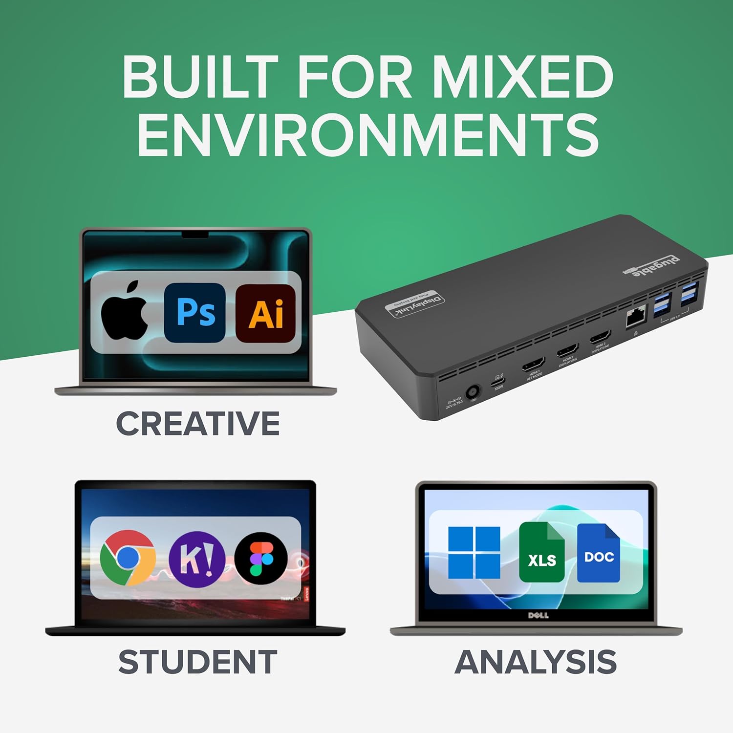 Plugable USB C Triple Display Docking Station | 100W PD, 3x HDMI (1x 4K 30Hz, 2x 1080p 60Hz), 6x USB 5Gbps Ports | Windows, macOS, ChromeOS Compatible – Enhance Productivity with Multi-Monitor Support