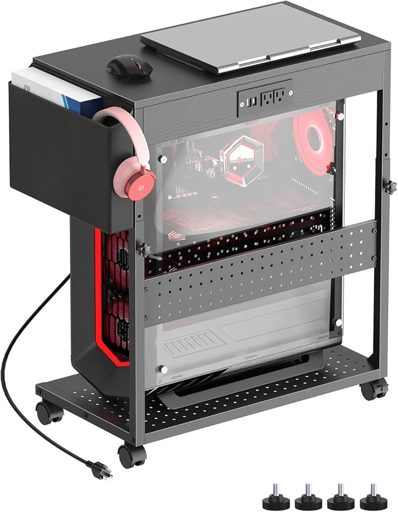 Adjustable Computer Tower Stand with Power Outlets & USB Charging,Heavy-Duty Rolling PC Stand,Under Desk CPU Holder Cart for ATX Case, Gaming PC, E-Sports & Home Office, Black