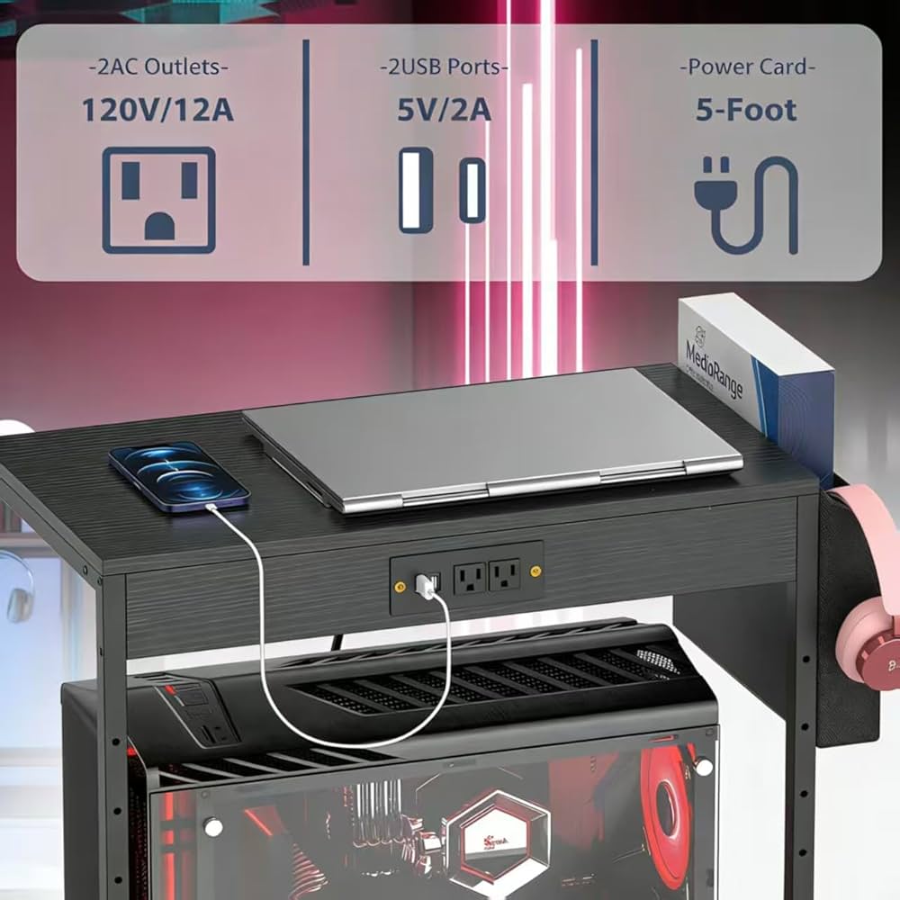 Adjustable Computer Tower Stand with Power Outlets & USB Charging,Heavy-Duty Rolling PC Stand,Under Desk CPU Holder Cart for ATX Case, Gaming PC, E-Sports & Home Office, Black