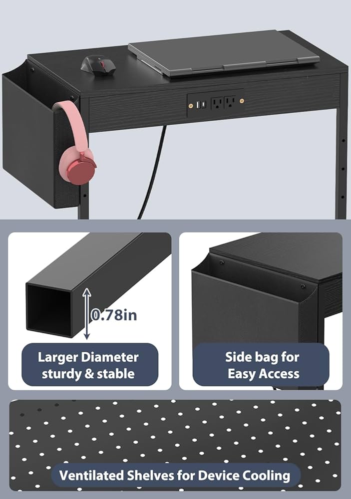 Adjustable Computer Tower Stand with Power Outlets & USB Charging,Heavy-Duty Rolling PC Stand,Under Desk CPU Holder Cart for ATX Case, Gaming PC, E-Sports & Home Office, Black