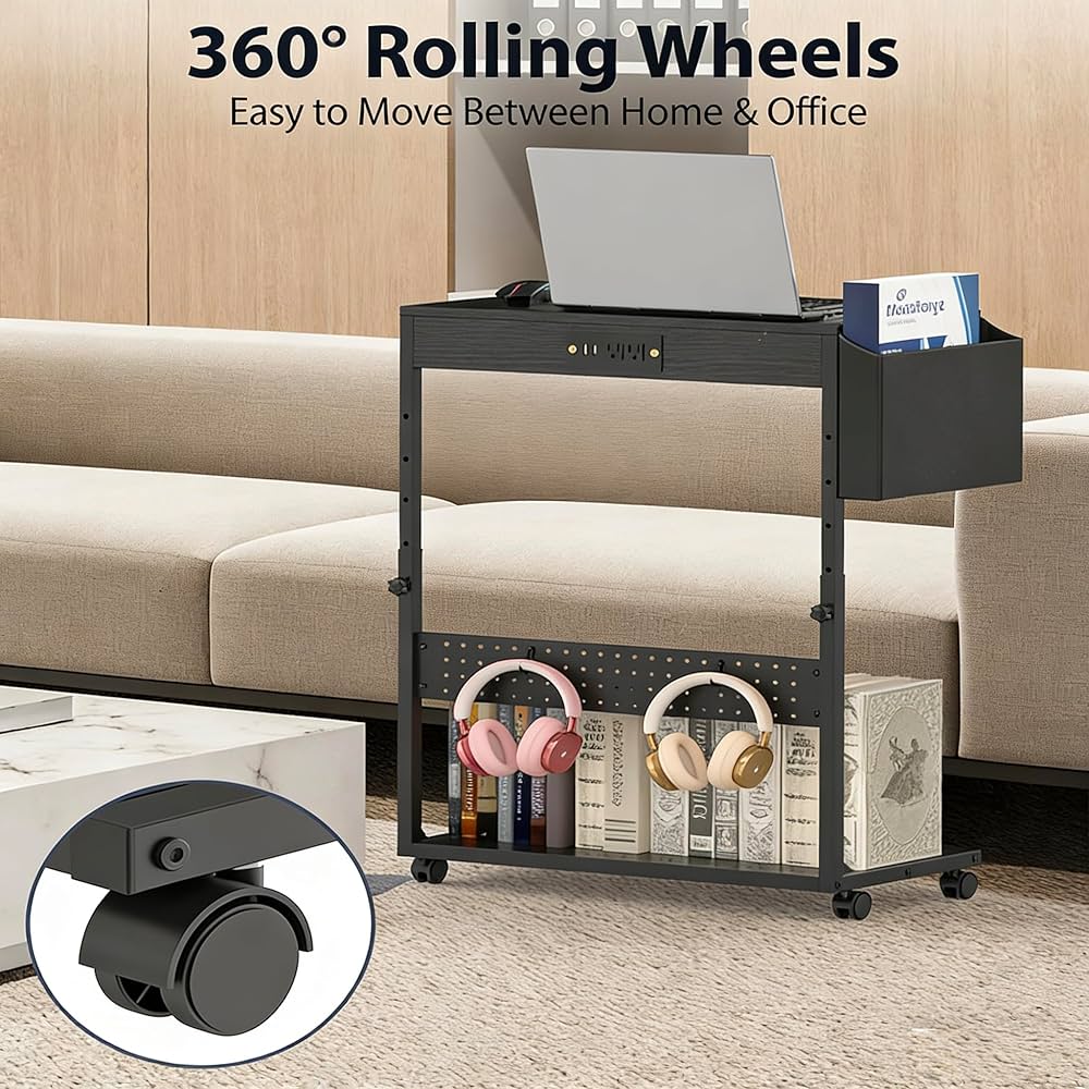 Adjustable Computer Tower Stand with Power Outlets & USB Charging,Heavy-Duty Rolling PC Stand,Under Desk CPU Holder Cart for ATX Case, Gaming PC, E-Sports & Home Office, Black