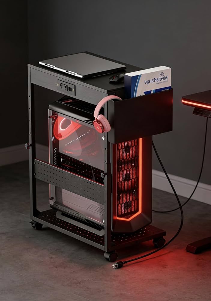 Adjustable Computer Tower Stand with Power Outlets & USB Charging,Heavy-Duty Rolling PC Stand,Under Desk CPU Holder Cart for ATX Case, Gaming PC, E-Sports & Home Office, Black