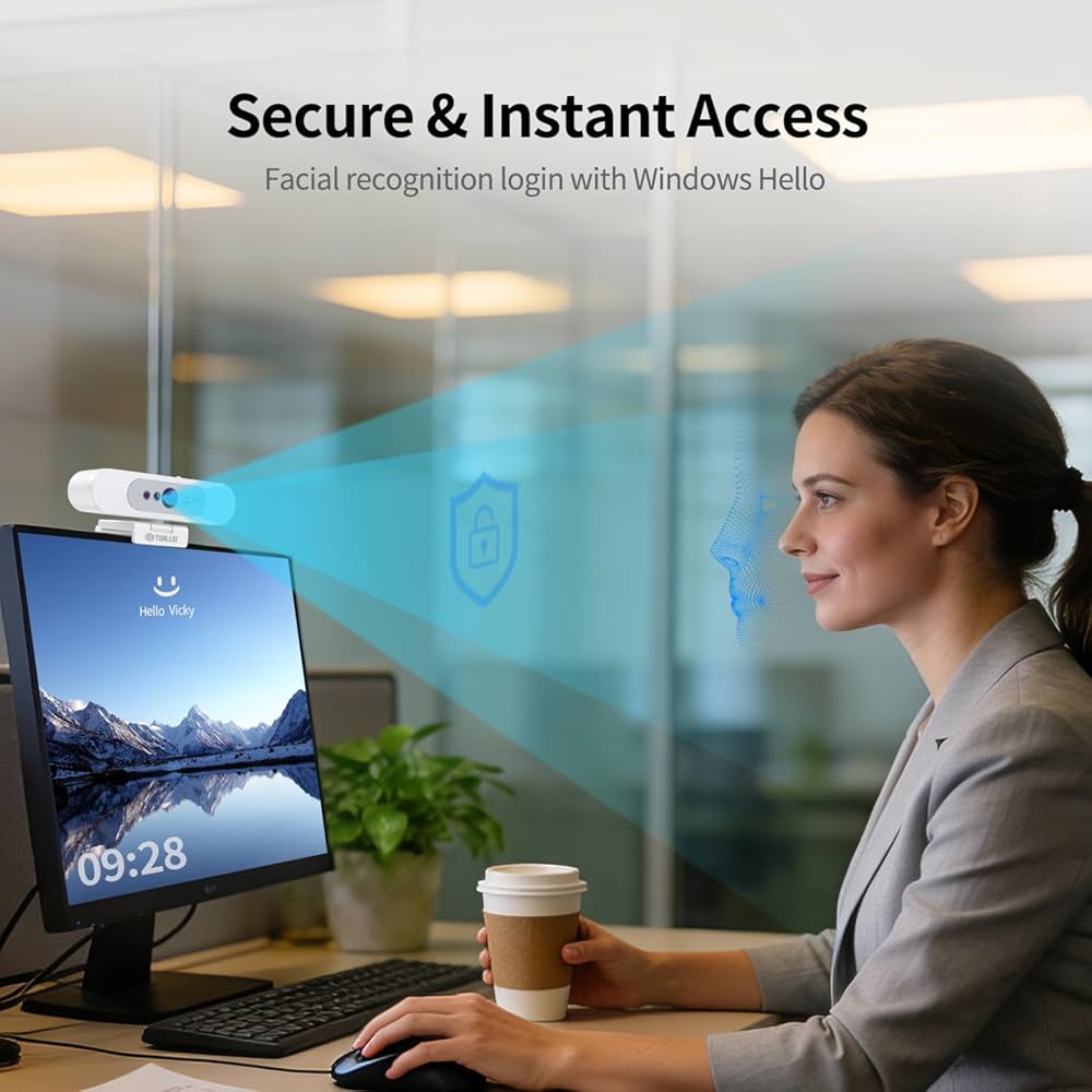 TOALLIN 4K UHD Webcam for PC, Windows Hello Compatible Web Camera, Facial Recognition, Autofocus, Built-in Mic & Privacy Shutter, USB Webcam for Laptop/Desktop, Online Meetings, Streaming, Video Calls