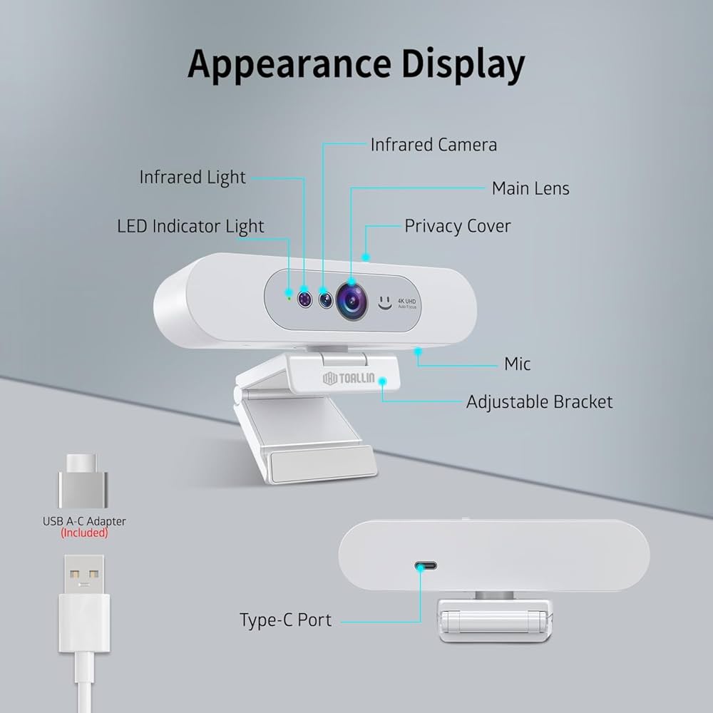 TOALLIN 4K UHD Webcam for PC, Windows Hello Compatible Web Camera, Facial Recognition, Autofocus, Built-in Mic & Privacy Shutter, USB Webcam for Laptop/Desktop, Online Meetings, Streaming, Video Calls