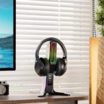 RGB Gaming Headset Stand with 2 USB and 1 Type-C Ports, Game Headphone Mount for PC Computer, Xbox One, Xbox Series S/X, PS5, PS4, Earphone Holder Hanger, Desk Gamer Accessories, Black&White