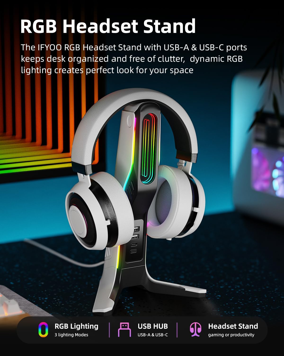 RGB Gaming Headset Stand with 2 USB and 1 Type-C Ports, Game Headphone Mount for PC Computer, Xbox One, Xbox Series S/X, PS5, PS4, Earphone Holder Hanger, Desk Gamer Accessories, Black&White