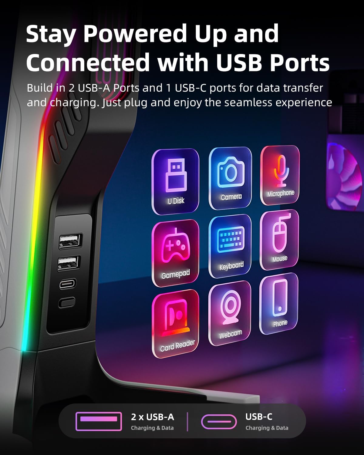 RGB Gaming Headset Stand with 2 USB and 1 Type-C Ports, Game Headphone Mount for PC Computer, Xbox One, Xbox Series S/X, PS5, PS4, Earphone Holder Hanger, Desk Gamer Accessories, Black&White