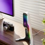 RGB Gaming Headset Stand with 2 USB and 1 Type-C Ports, Game Headphone Mount for PC Computer, Xbox One, Xbox Series S/X, PS5, PS4, Earphone Holder Hanger, Desk Gamer Accessories, Black&White