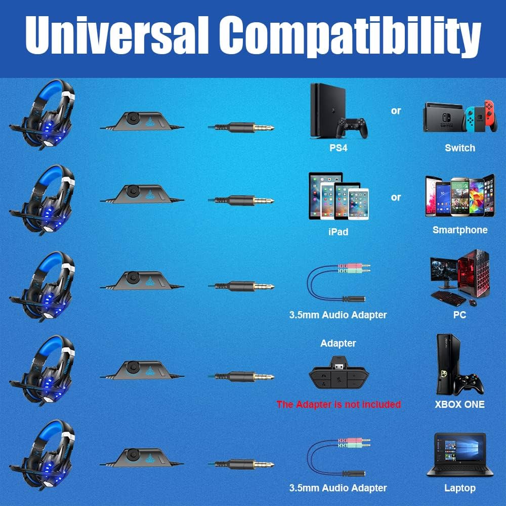 BENGOO G9000 Stereo Gaming Headset for PS4 PC Xbox One PS5 Controller, Noise Cancelling Over Ear Headphones with Mic, LED Light, 7.1 Surround Sound, Soft Memory Earmuffs for Nintendo Xbox Series X|S